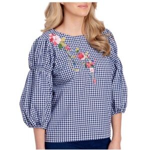 Melissa Paige Navy Gingham Floral Blouse